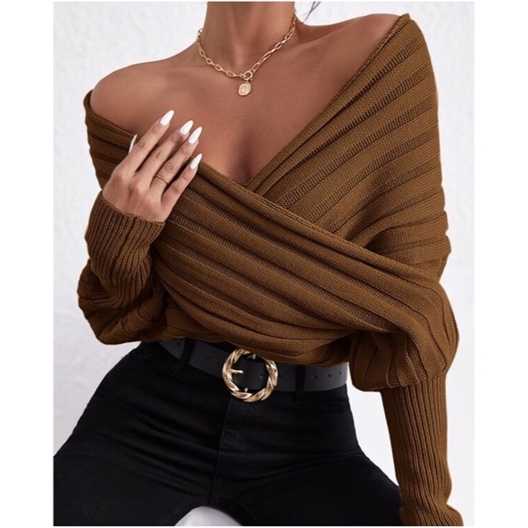 Black Off Shoulder Chunky Knit Overlap Wrap Sweater Top - Picture 3 of 10